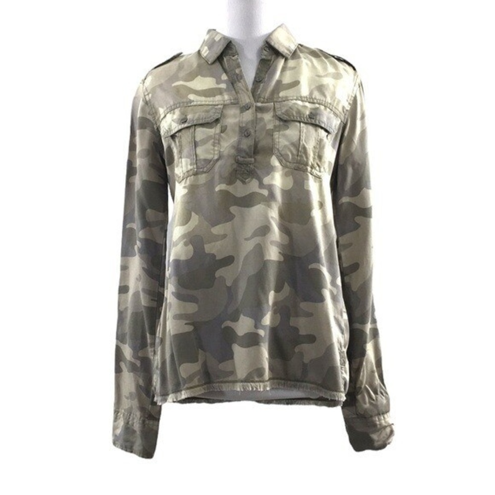 Hollister Green Camo Shirt Womens‎ XS Roll Tab Sleeve Collared Chambray Raw Hem
